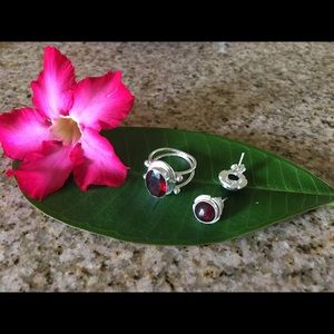 Genuine Garnet Ring and Earrings, Sterling Silver