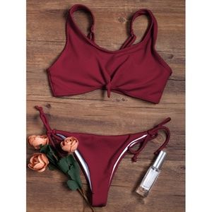 Trendy WINE RED adjustable straps bikini