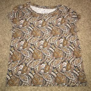 brown, orange, and blue floral decorative shirt