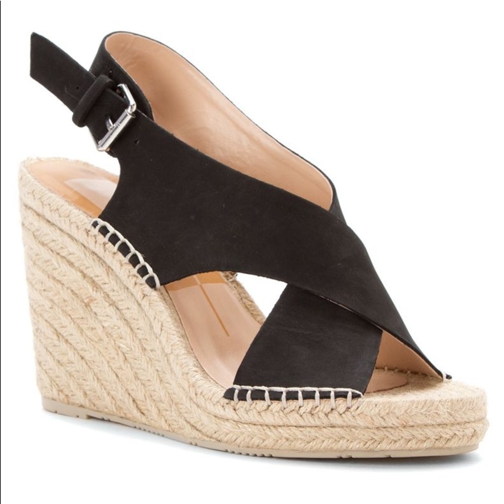 Black Distressed Leather Wedge Espadrille Sandals - Picture 2 of 4