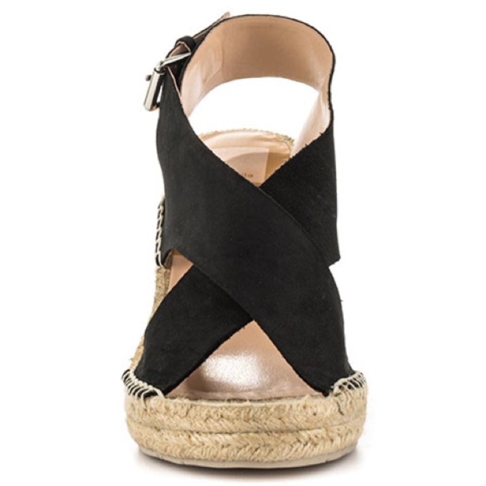 Black Distressed Leather Wedge Espadrille Sandals - Picture 4 of 4