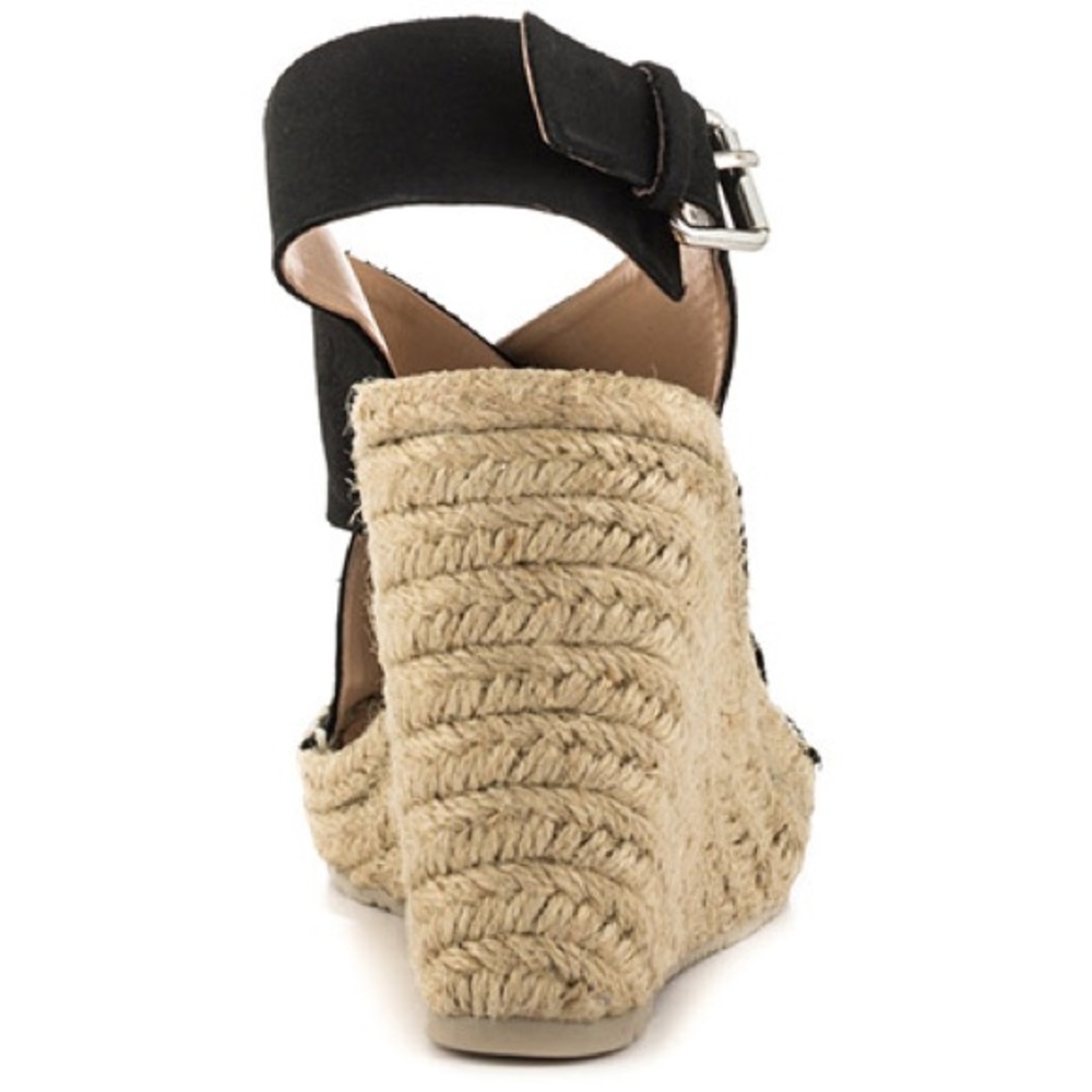 Black Distressed Leather Wedge Espadrille Sandals - Picture 3 of 4