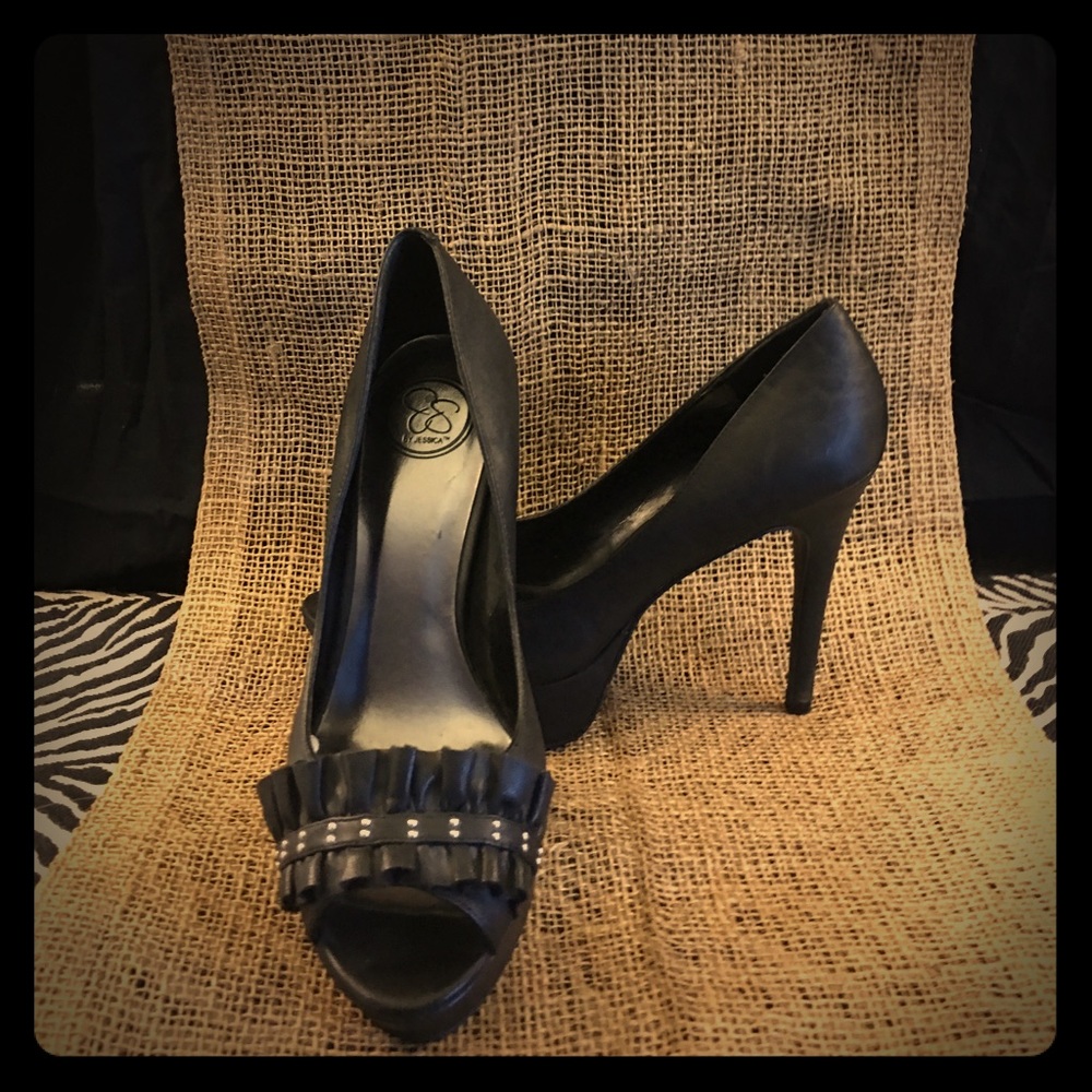 Black open toe pumps.