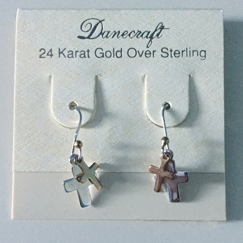 Never Worn 24K Gold Over Sterling Cross Earrings