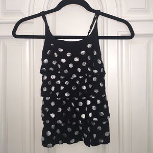 Justice ruffle tank w/silver metallic polka dots
