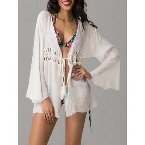 Collarless Wrap Crochet Panel Kimono Cover Up