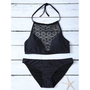 Black lace halter high neck bikini