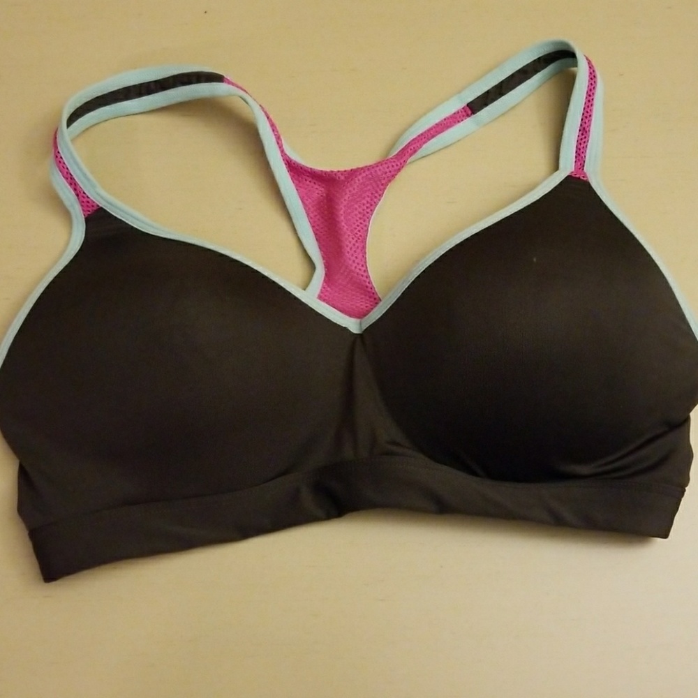 Charcoal grey, pink and blue sports bra.  Large