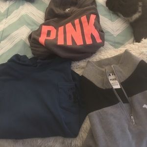 A grey , light grey and blue love pink sweatshirt