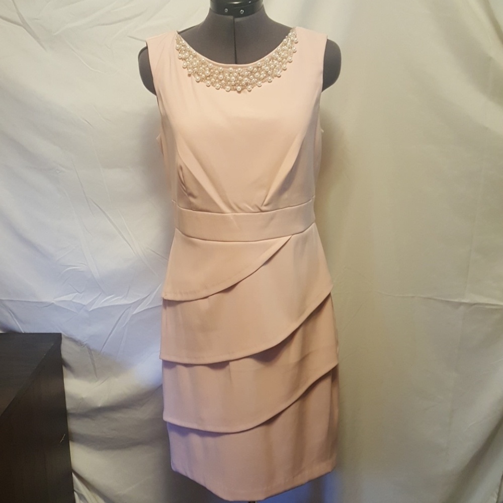 Pink dress with pearl beaded neckline