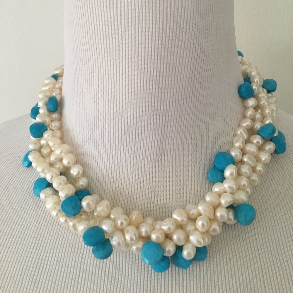 4 strand freshwater pearl and turquoise necklace
