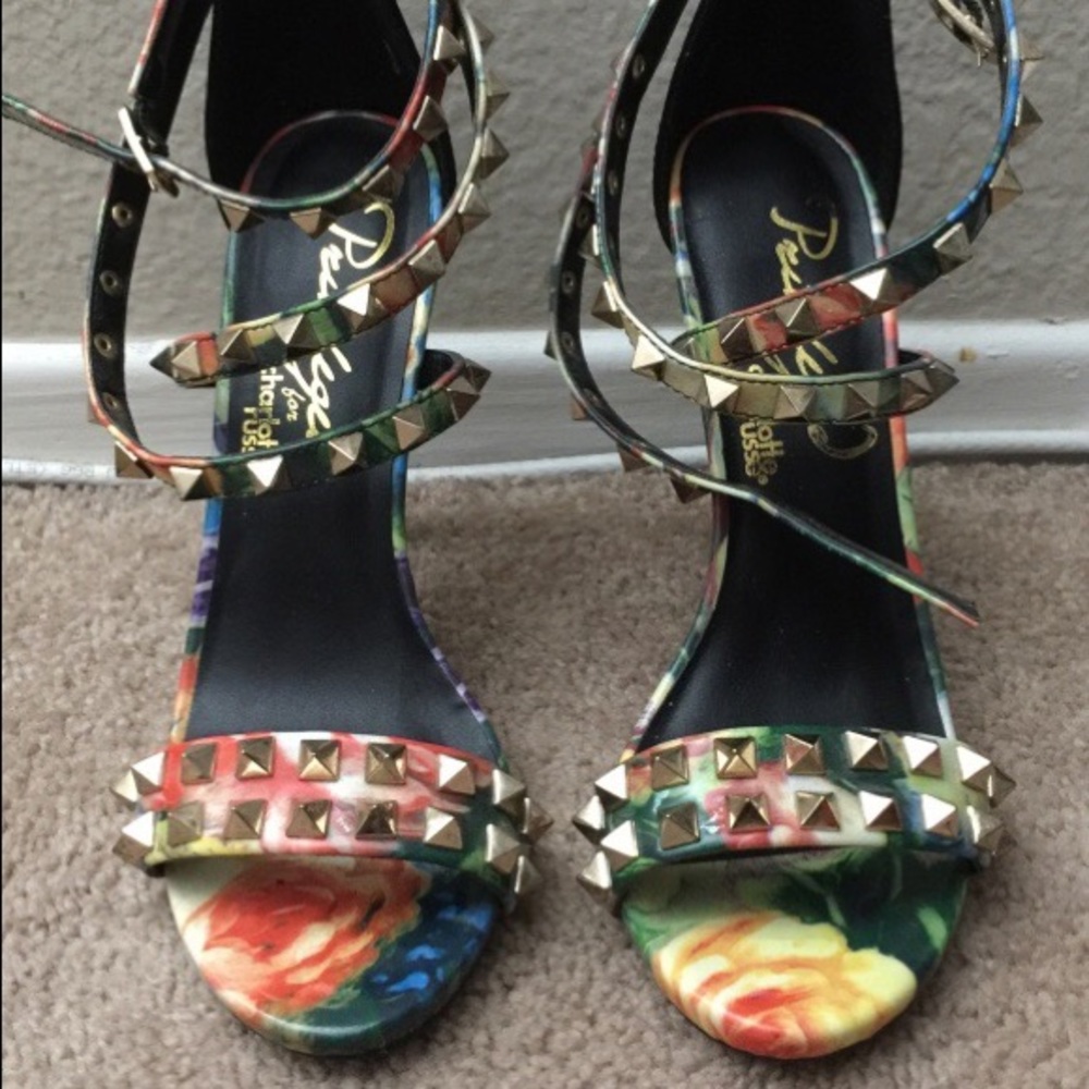 Studded Floral Ankle Strap Heels