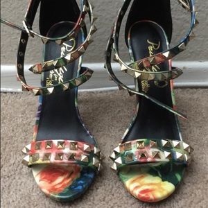Studded Floral Ankle Strap Heels