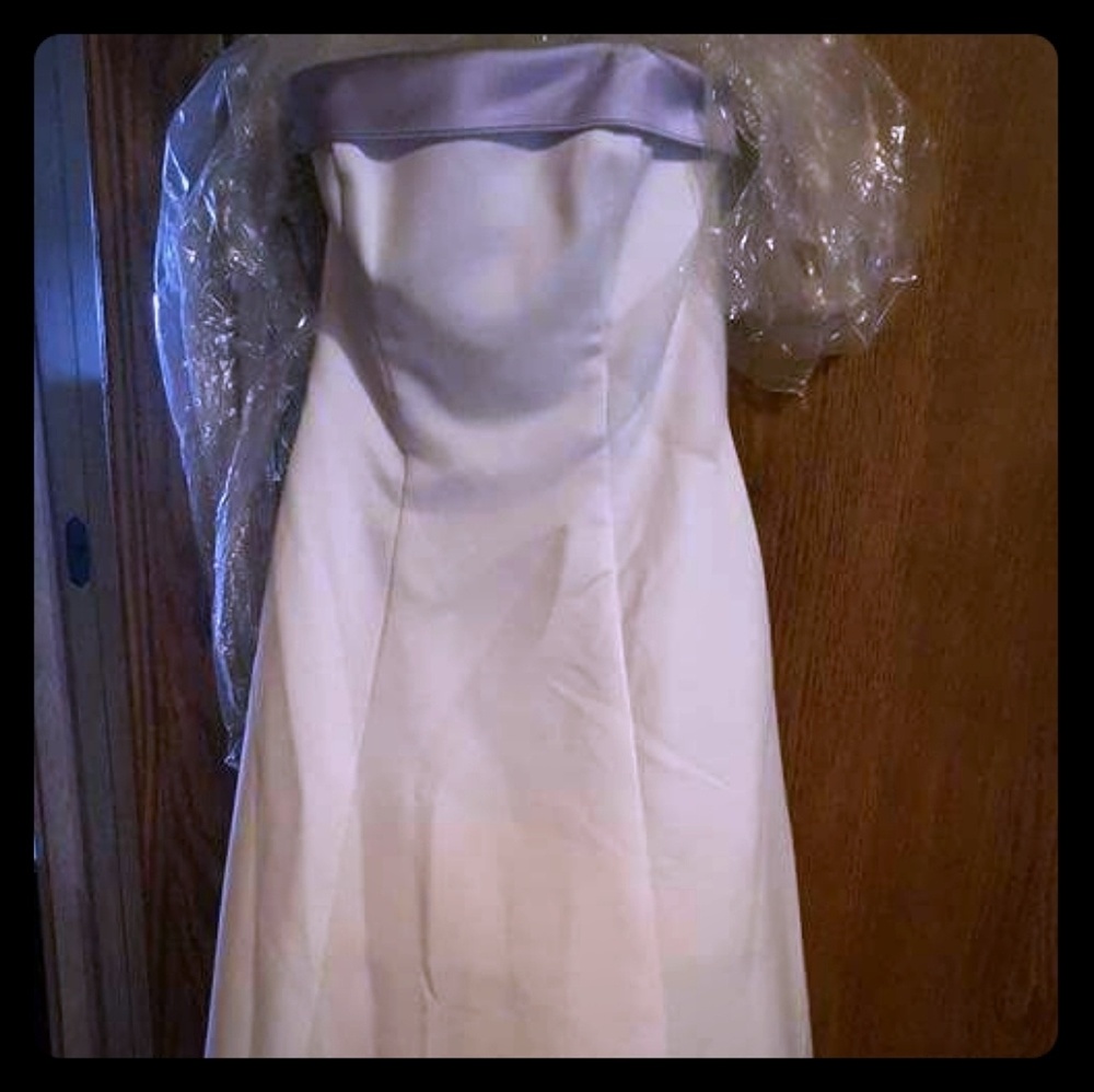 White wedding gown with lavender trim