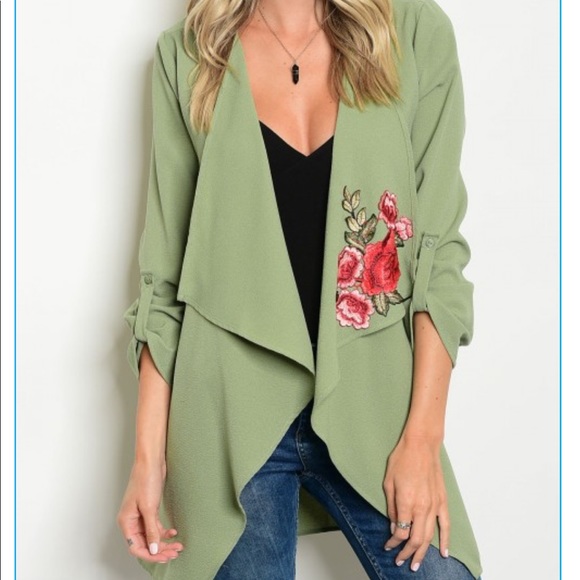 Sage Green Embroidered Rose Patch Blazer w/ Belt - Picture 2 of 4