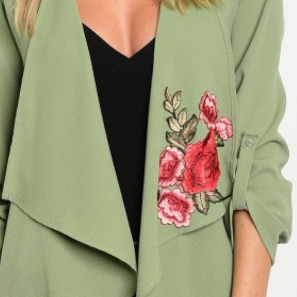 Sage Green Embroidered Rose Patch Blazer w/ Belt - Picture 4 of 4