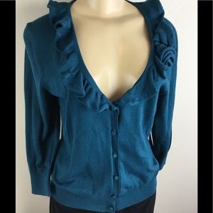 Teal Ruffle V-Neck Cardigan by Cable & Gauge Sz XL