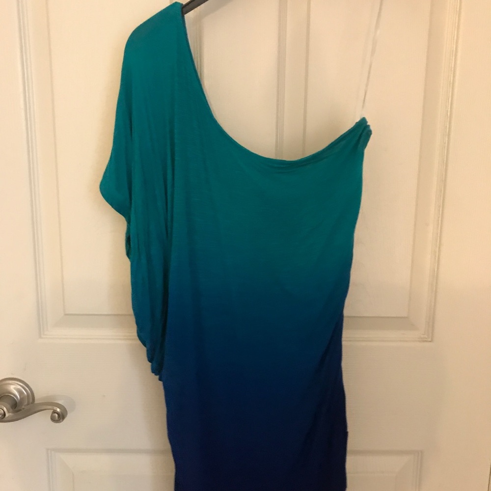 Maurice's one shoulder green/blue ombré medium