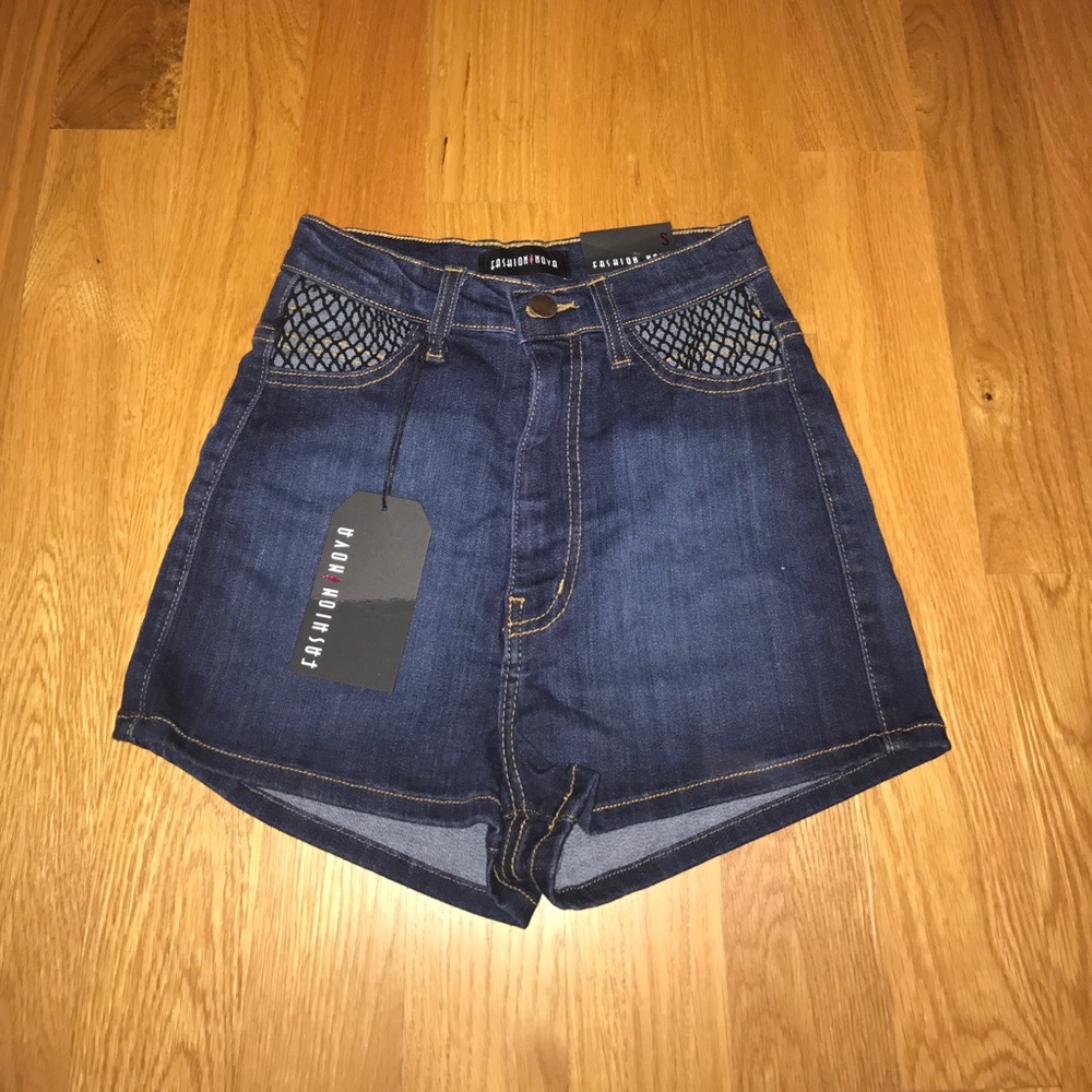 High Waisted Midnight Blue Fishnet Denim Shorts