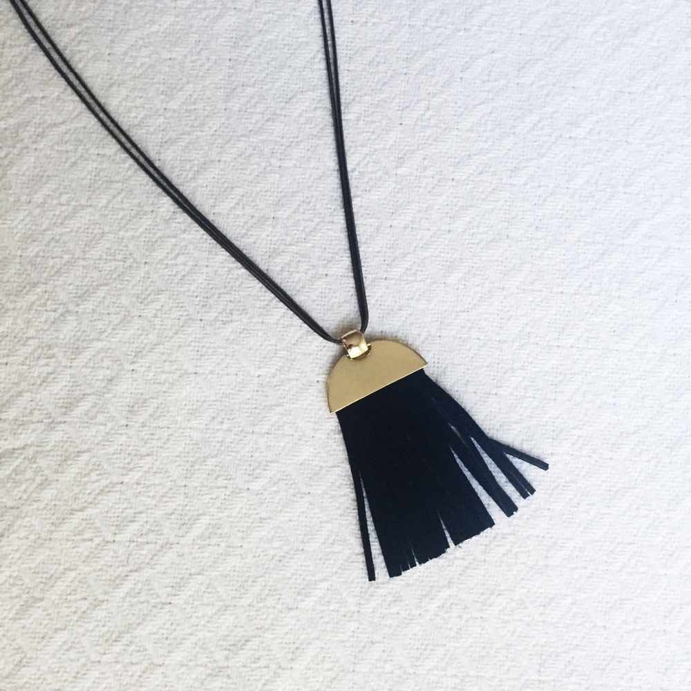 EXPRESS black fringe and gold accent necklace