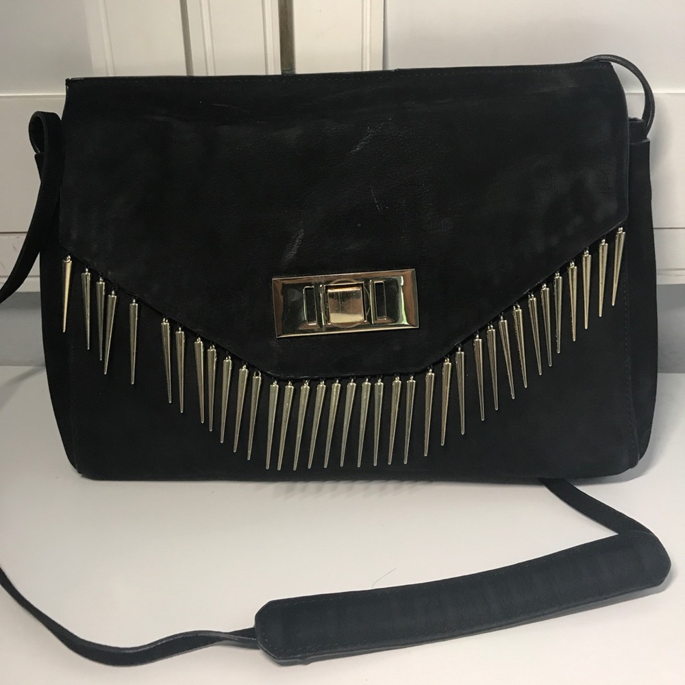 Black suede gold metal hardware crossbody
