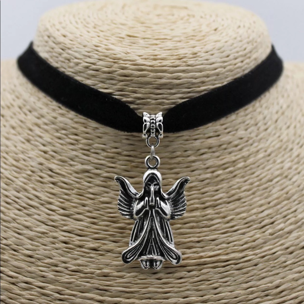 5/$25 Thick black choker necklace silver angel