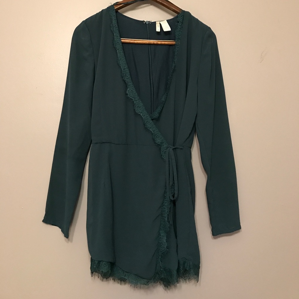 emerald green fringe romper - size S
