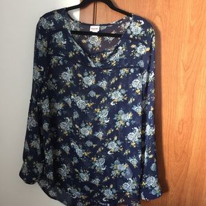 Sheer Navy Flower Print long sleeved blouse