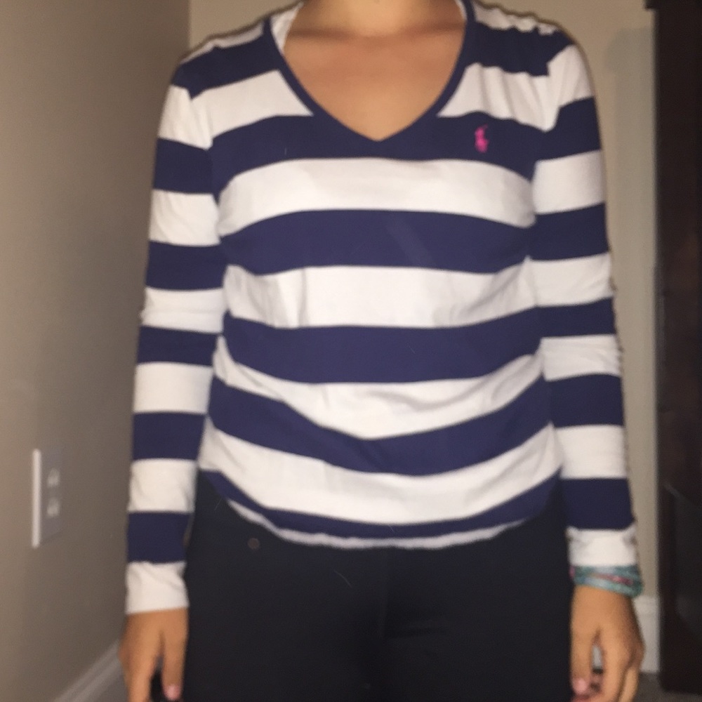 Navy Blue and White Long Sleeve Ralph Lauren Shirt