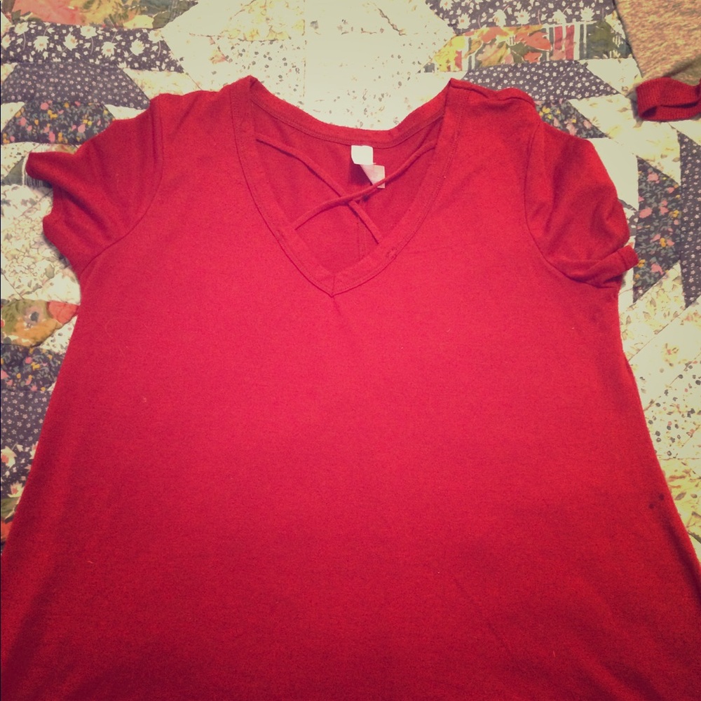 Burgundy, cross necked t-shirt