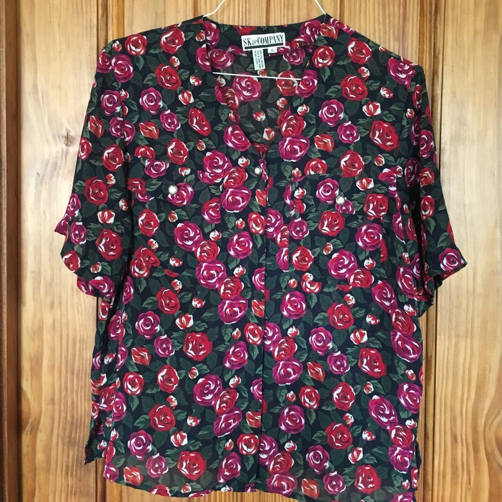 Rose print button-up blouse