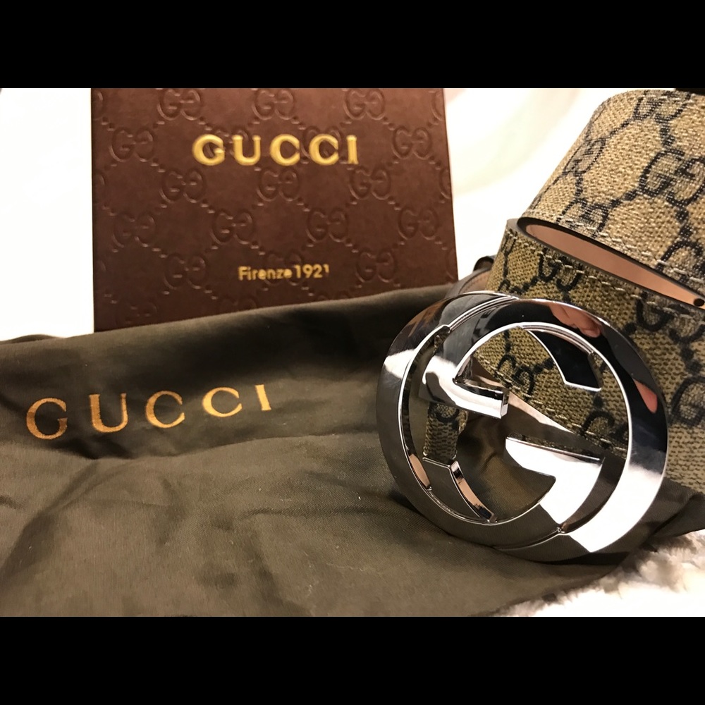 Tan/Blue Monogram Gucci Belt