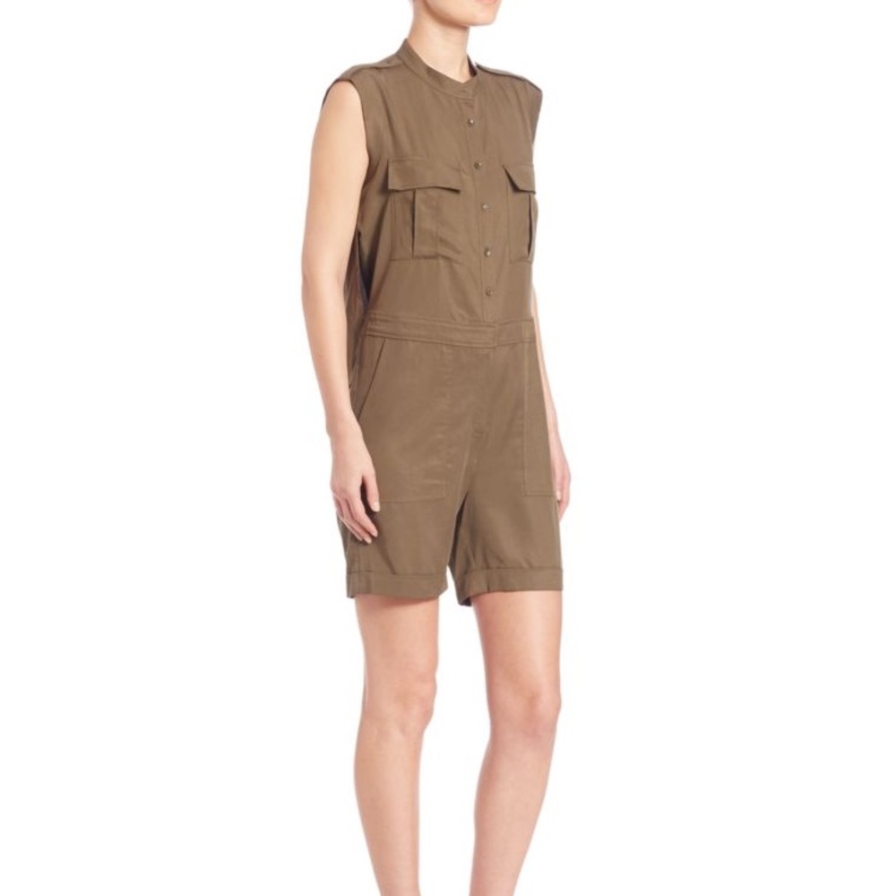 BCBGMAXAZRIA Mandarin Collar Romper Army Green