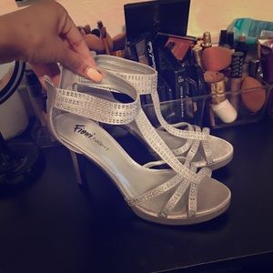 Silver open toe heels