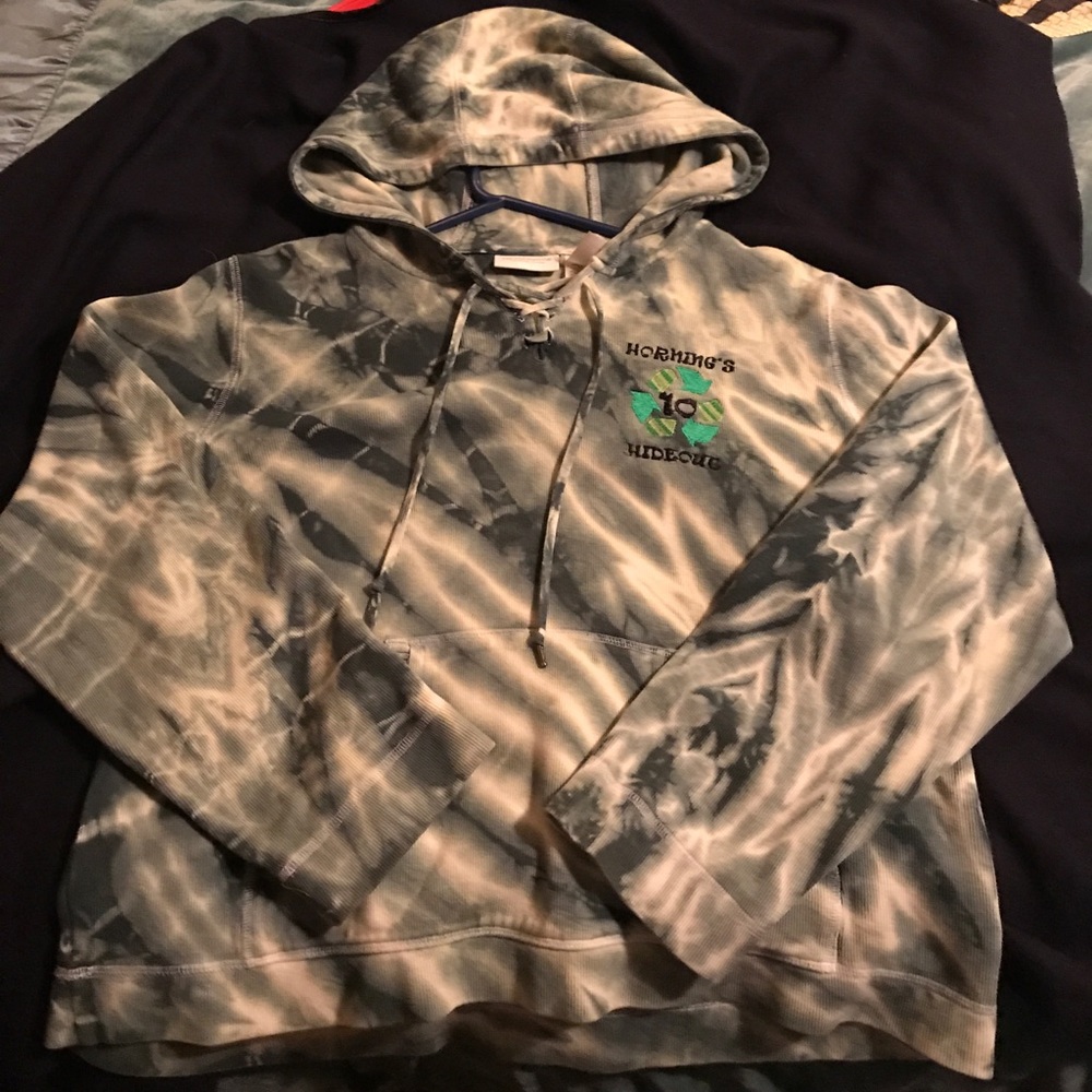 Hand dyed green hoodie Hornings' Hideout  insignia