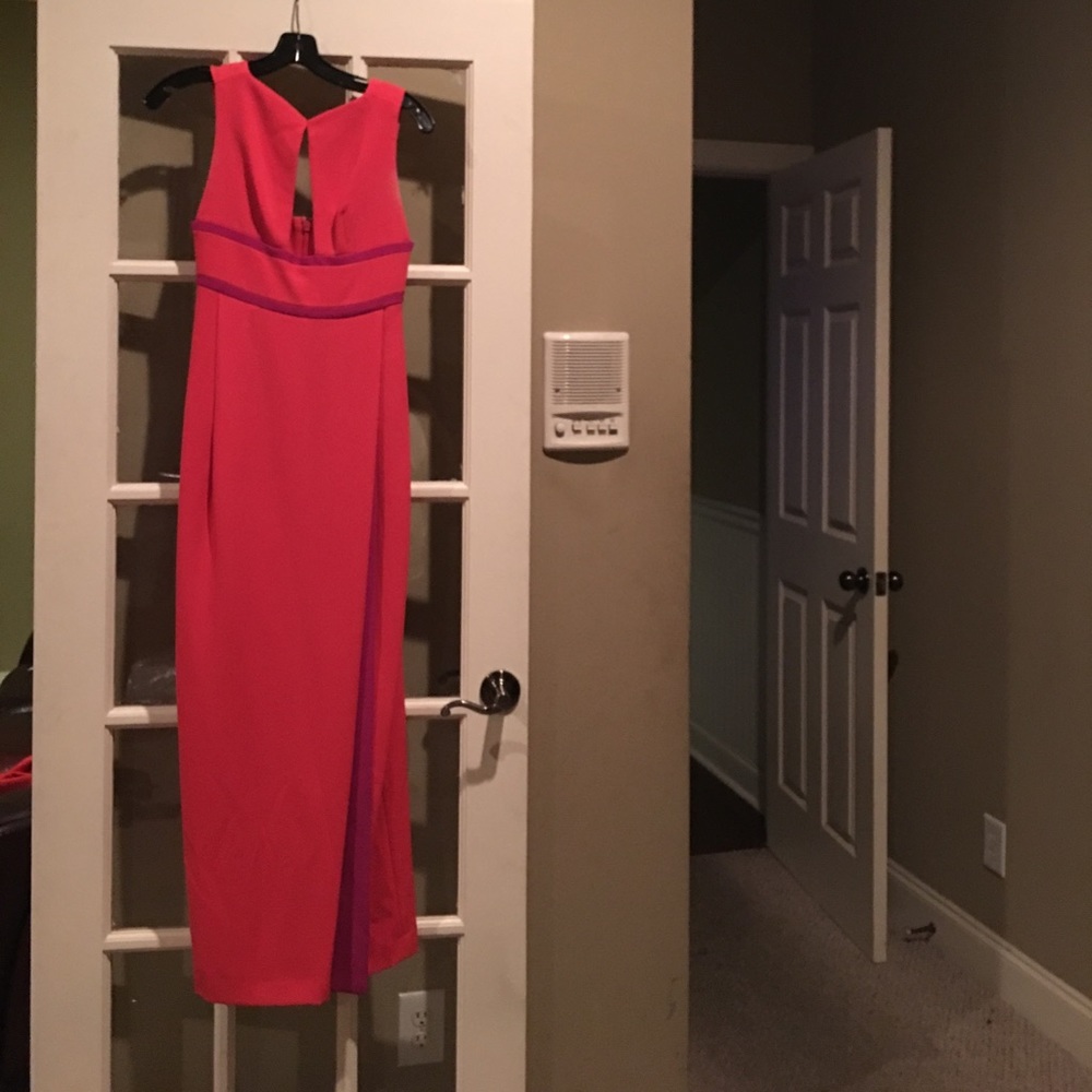 A BCBG coral and plum dress.