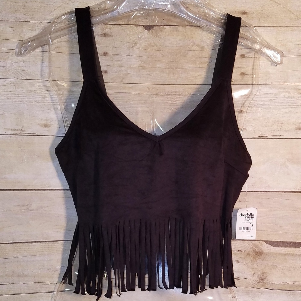 NWT Black Suede CROP TOP with Fringe Size Lg (231)