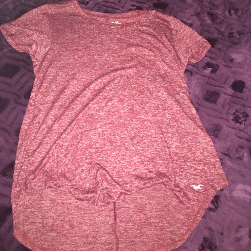 Maroon short-sleeved shirt.