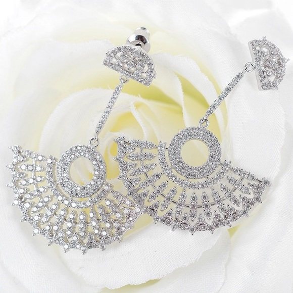 micro paved CZ crystal Fan shape drop earrings - Picture 2 of 4