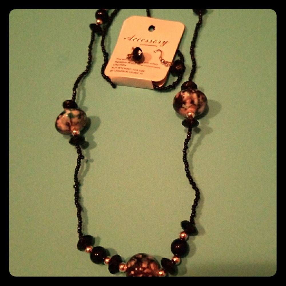 Black Beaded Necklace Set with Earrings
