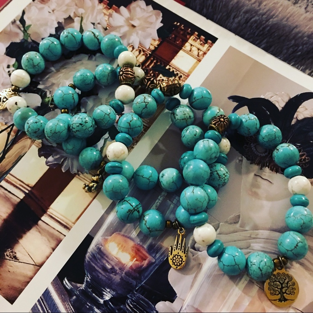 Turquoise beads and gold plated charm bracelets!