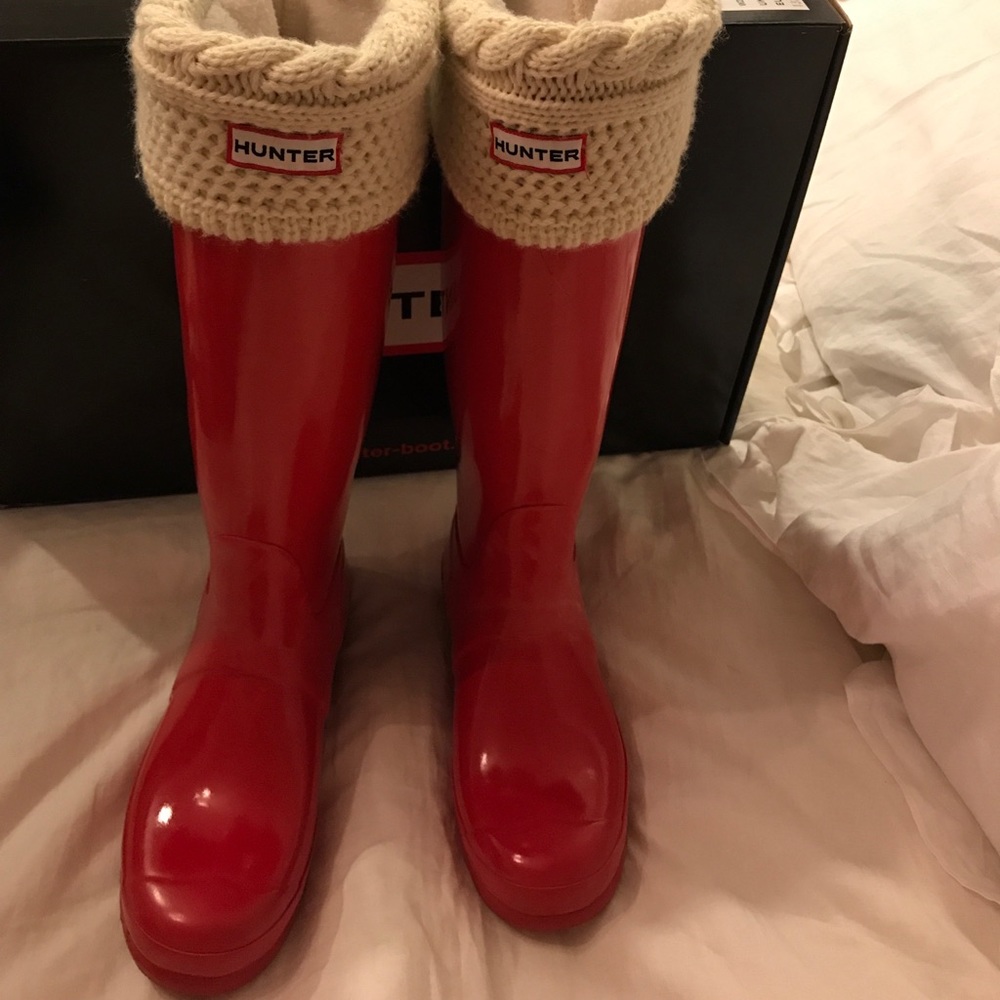 Red Hunter boots and crochet socks