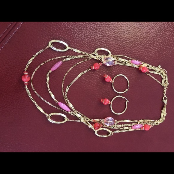 Gold and Pink Necklace and Earring Set - Picture 1 of 1