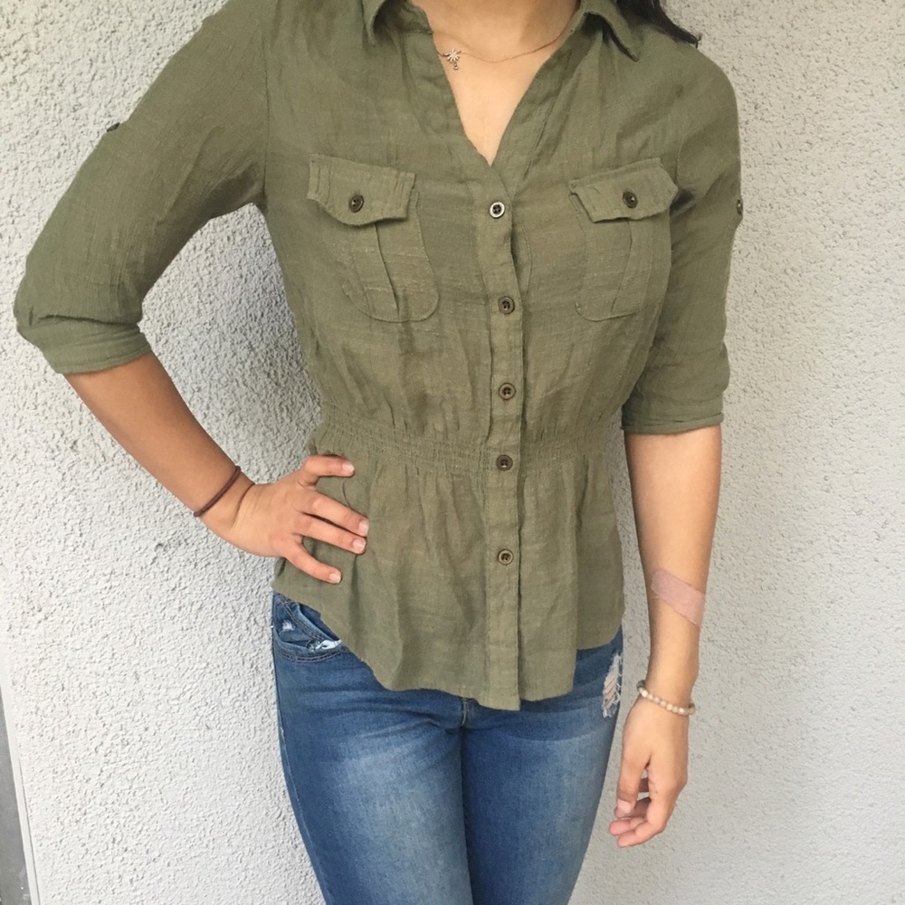 Olive green button up blouse