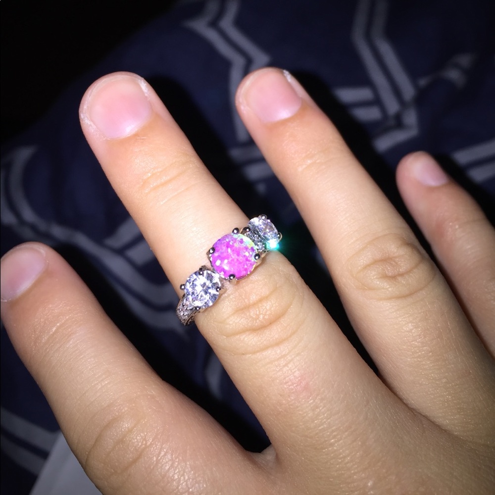 Pink fire opal ring/czs, sterling band, size 7
