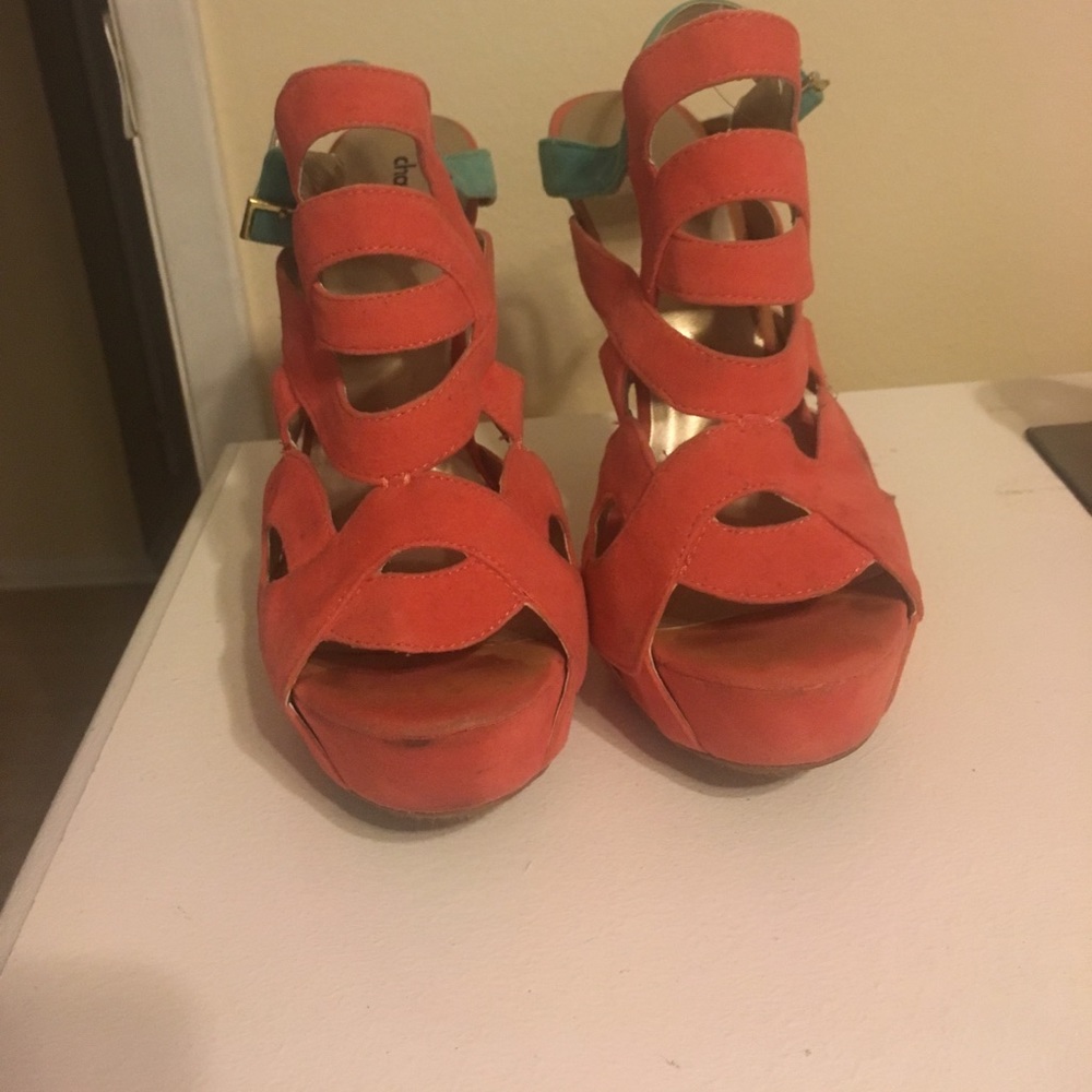 Teal/ coral heels