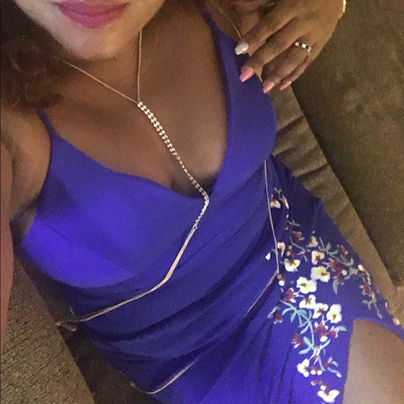 Royal Blue Embroidered Midi Dress With Slit - Picture 3 of 6
