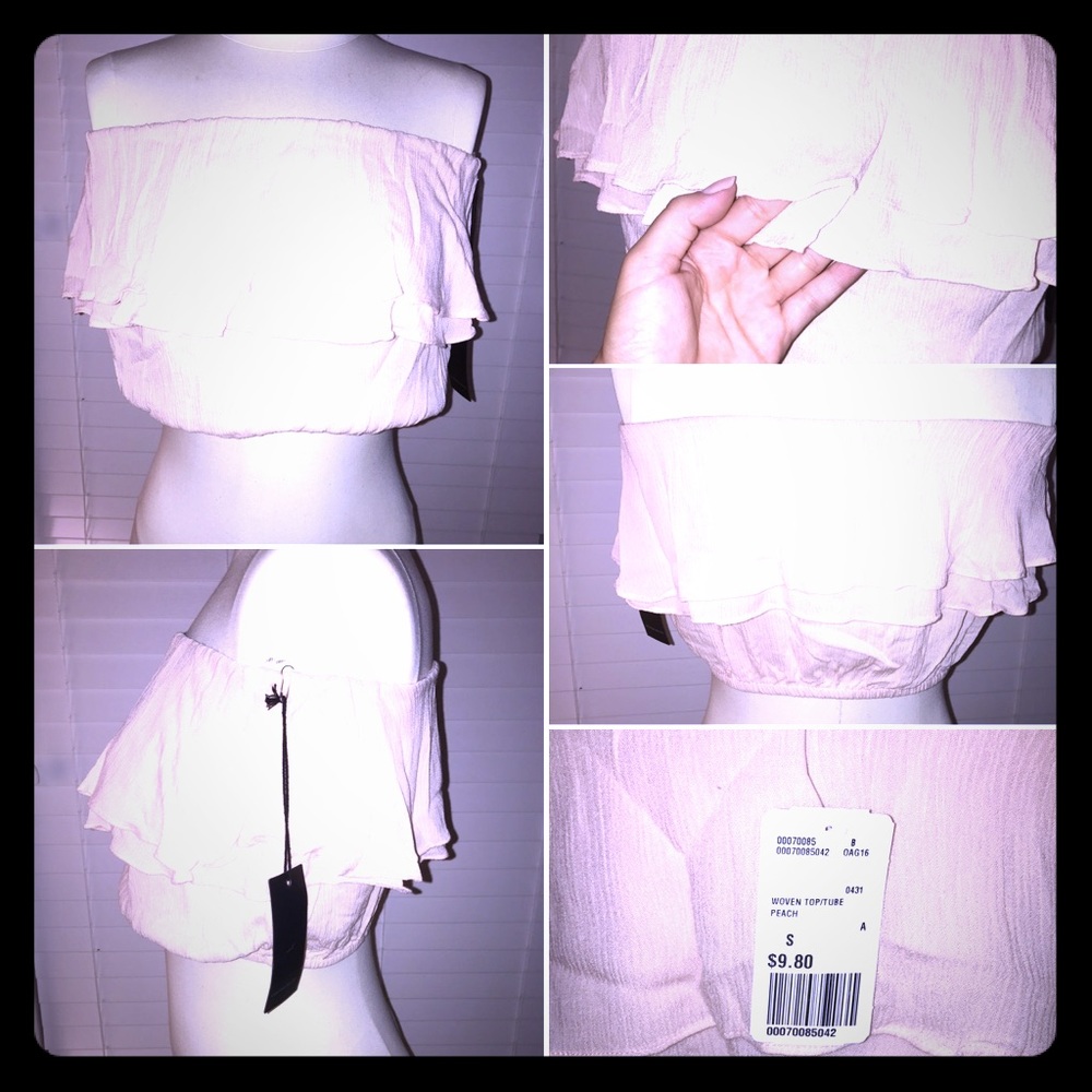 Peach strapless cropped ruffle top. BNWT.
