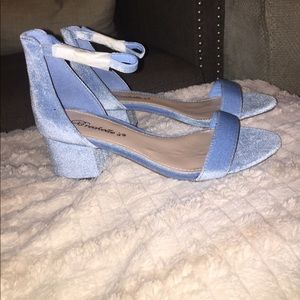 Velvet sky blue block heel sandals