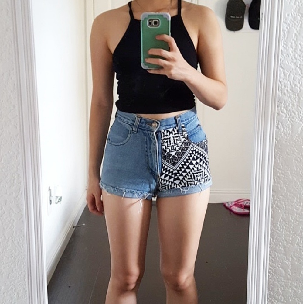 Tribal patterned jean shorts